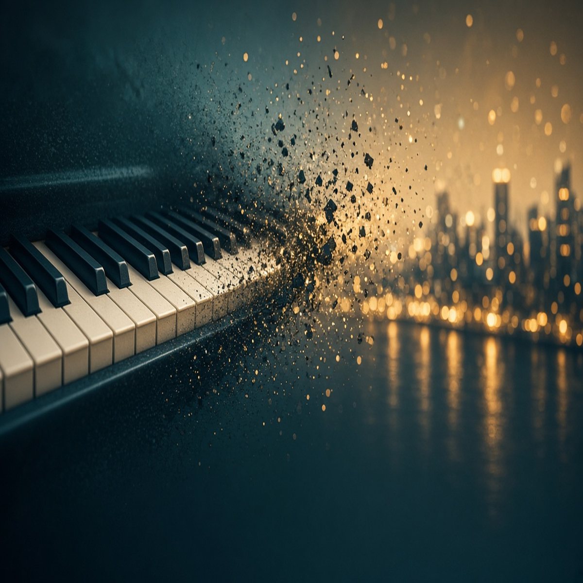 Piano keys turning into night city lights