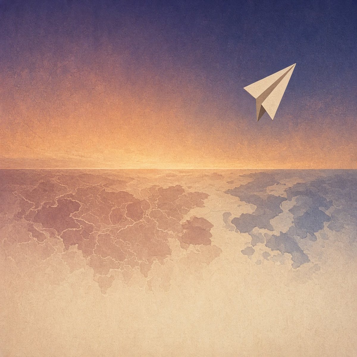 A paper plane over a warm dusk horizon