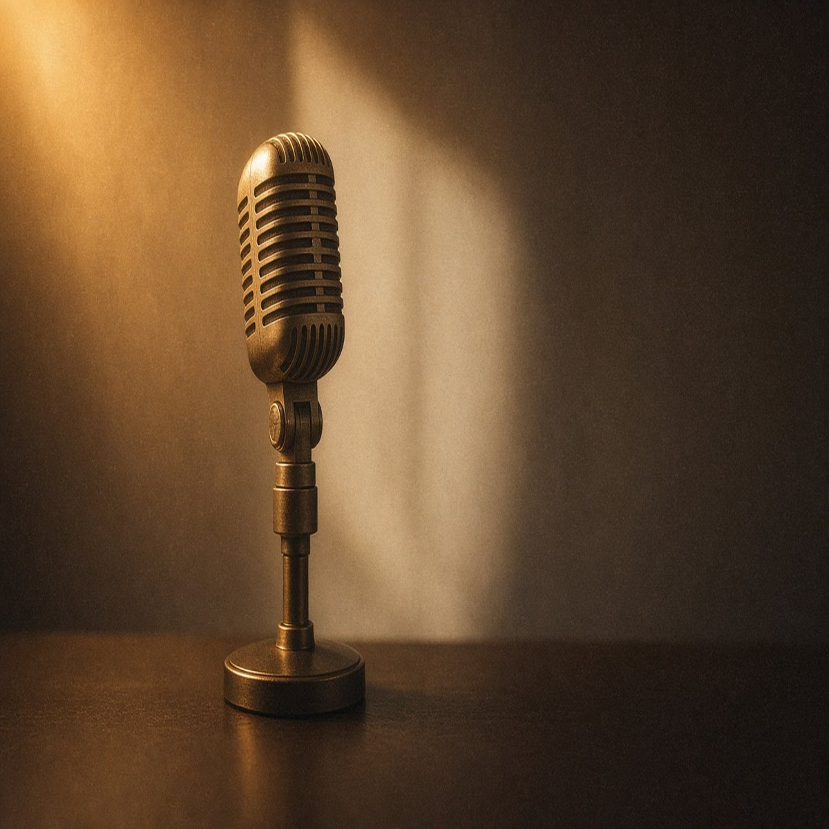 A vintage microphone in warm lamplight