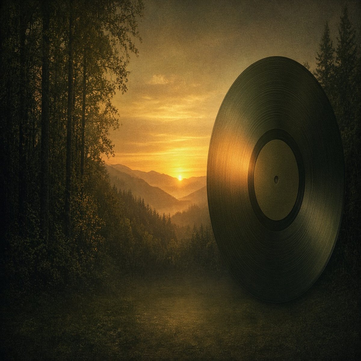 A vinyl record in a green-gold sunset